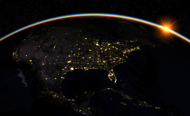 Wall Mural - sunrise over north america, earth as seen from space, 3d illustration