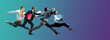 Evening. Happy office workers jumping and dancing in casual clothes or suit isolated on gradient neon fluid background. Business, start-up, working open-space, motion, action concept. Creative collage