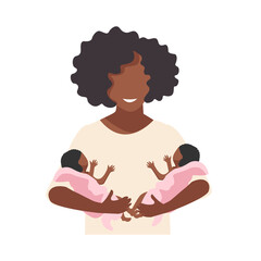 A beautiful black mother holds newborn twins in her arms. Happy twins mom. Flat vector illustration isolated on white background.