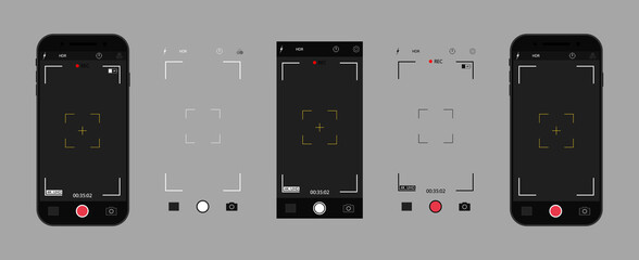 Camera in phone. Photo camera on screen of mobile with interface. UI for selfie in smartphone. App for photo, record video in cellphone. Icons of focus, frame, flash, zoom, grid and buttons. Vector.