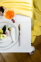 Spring table set for a party. Mise en place