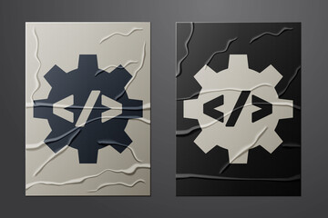 White Web design and front end development icon isolated on crumpled paper background. Paper art style. Vector.