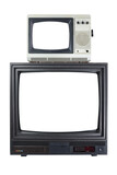 Fototapeta  - Two old vintage TVs with a white screen for adding videos and photos isolated on a white background.
