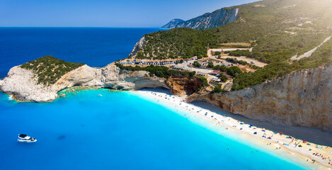 Wall Mural - aerial view of porto katsiki beach, lefkada island, ioanian sea, greece, with fluorescent, turquoise