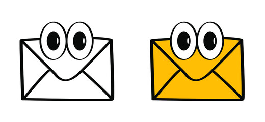 Poster - Funny cartoon character envelopes. Post box or post office sign. Vector postcard, envelope symbol. Cartoon letter mail open. Smile emoticons or emoji sign