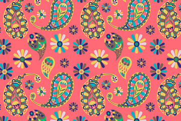 Wall Mural - bright pink paisley pattern background illustration