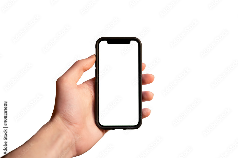 Main d'homme tenant un smartphone mobile portable avec un écran blanc en position verticale isolé sur un arrière-plan blanc - obrazy, fototapety, plakaty 