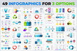 49 Infographics for 3 options. Arrows elements, timelines. Presentation slide templates. Marketing or business, medicine and ecology. Circle chart diagrams. Cycle options.