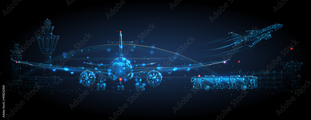 Digital airplane standing on runway, airport buildings, plane taking off, shuttle bus, control tower. Airport low poly wireframe concept in dark blue. Abstract vector mesh with dots, lines and stars - obrazy, fototapety, plakaty 