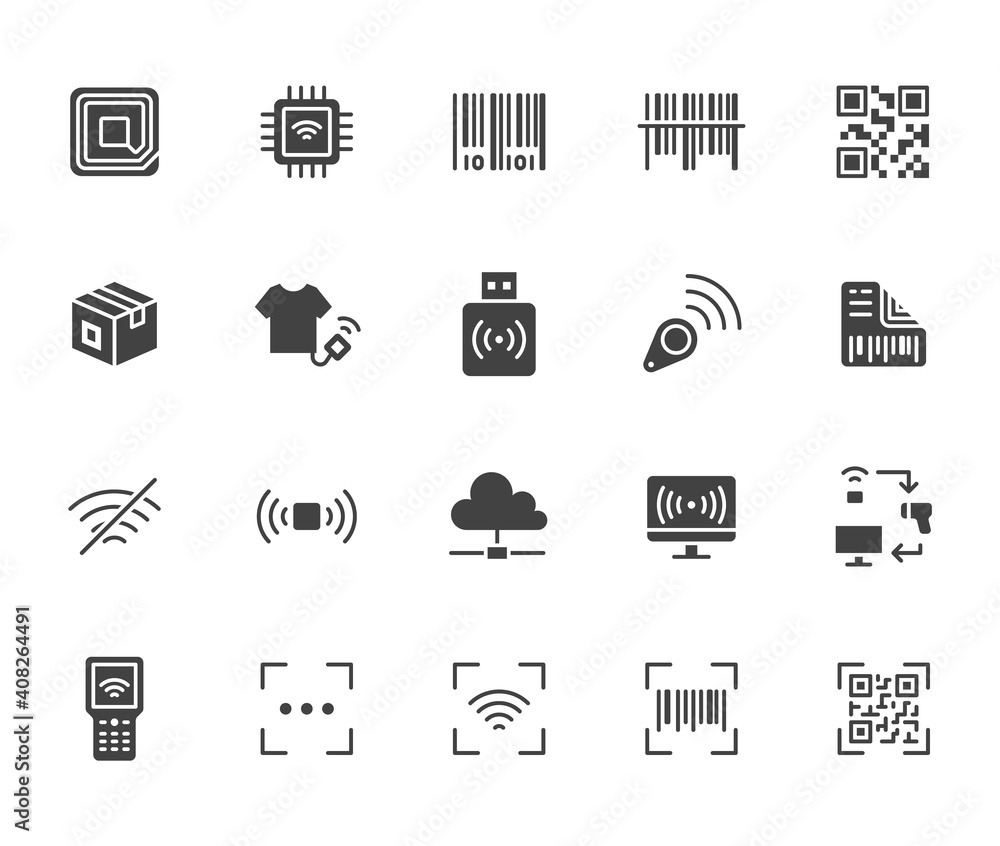 RFID, qr code, barcode flat icon set. Price tag scanner, label reader ...