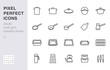 © nadiinko - Cookware line icon set. Kitchen equipment cooker pan pot, frying griddle, lid, knife grater minimal vector illustration. Simple outline sign of cooking utensils. 30x30 Pixel Perfect Editable Stroke