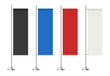 Realistic flag banner. Advertising colored red blue and black textile marketing banners decent vector templates. Colorful trendy marketing, flagpole for business illustration