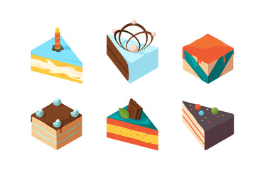 Poster - Cake pieces. Delicious isometric sweets tasty food birthday glazed gourmet products garish vector colored illustrations. Cream piece pie, homemade cheesecake delicious