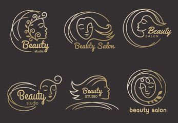 Wall Mural - Beauty salon logo. Hairdressing symbols stylized female face modern recent vector business logo. Illustration beauty logo, hairdresser salon