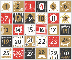 Sticker - Xmas numbers. Joy funny lettering geometric round forms festive concept calendar numbers recent vector for celebration placards. Christmas number calendar december, countdown to holiday illustration