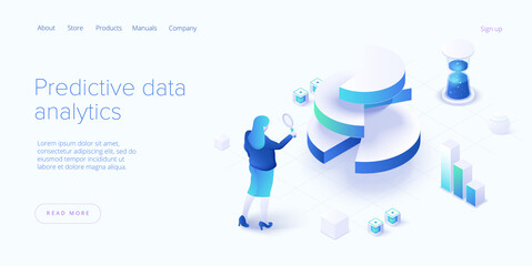 Sticker - predictive analytics in isometric vector illustration. data mining, modelling and machine learning. 