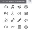 © Phoenix Icons - Transport car parts simple line icons. Vector illustration with minimal icon - check engine, gearbox, brakes, spark, wheel rims, transmission, seat belt pictogram. 32x32 Pixel Perfect Editable Stroke