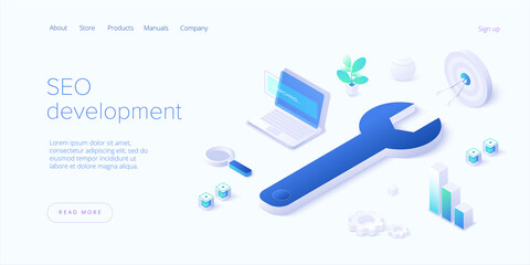 SEO development isometric vector illustration. Website or webpage development concept. Search engine optimization for business purposes.