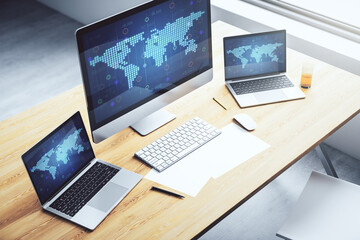 Modern computer display with abstract graphic world map, big data and networking concept. 3D Rendering