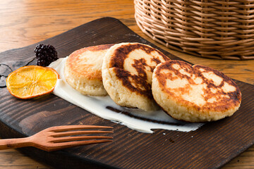 Poster - Ricotta pancakes, Syrniki Cottage cheese pancakes, Fritters of cottage cheese healthy breakfast