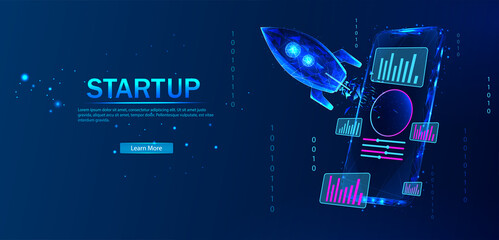 Polygonal Concept Business Startup. The rocket takes off from portal of the mobile phone augmented reality on blue background. Design concept augmented reality. AR and VR Development. Media Technology