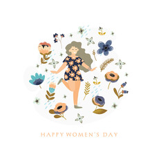 8 March. International Women's Day. Vector Template With Flowers And Woman