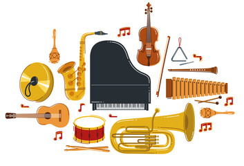 Wall Mural - Classical music instruments composition vector flat style illustration isolated on white, classic orchestra acoustic sound, concert or festival, diversity of musical tools.