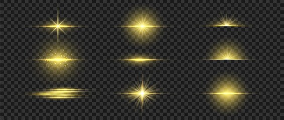 Wall Mural - golden glowing light. gold glow flash with sparcle. vector sunrise effect. realistic shiny beam set.