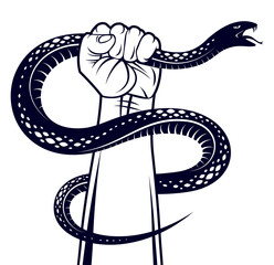 Hand squeezes a snake, fight against evil, control your dark side, internal conflict, archetype shadow, life is a fight concept, vintage vector logo or tattoo.