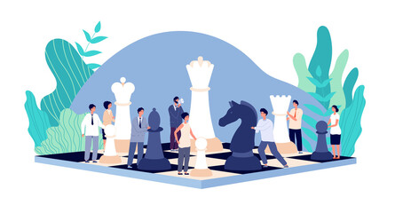 Poster - Chess game. Chess board, strategy tactics and cooperation. People holding rook queen pawn. Management competition vector. Chess battle business, intelligence leisure and strategic illustration