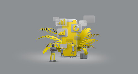 Wall Mural - mobile phone smartphone web ui ux app design teamwork concept 3d illustration. team people building 
