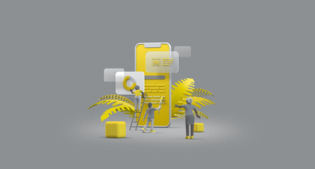 Wall Mural - mobile phone smartphone web ui ux app design teamwork concept 3d illustration. team people building 