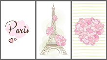Cards With Paris Symbols. Eiffel Tower. Peony. Vector Illustration.