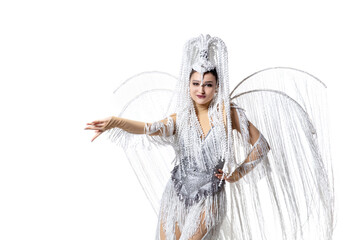 Wall Mural - Grace. Beautiful young woman in carnival, stylish masquerade costume with feathers dancing isolated on white background. Concept of holidays celebration, festive time, dance, party, fashion