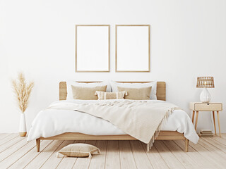 Poster - Vertical frame mockup in boho bedroom interior with wooden bed, beige fringed blanket, cushion with tassels, dried pampas grass and wicker lamp on white wall background. 3d rendering, 3d illustration