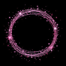 Round Pink Frame With Glitter And Sparkles. Vector Illustration.