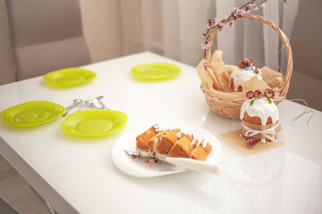 Wall Mural - Traditional russian easter bread on table. The decorarion of kulich are the flower are eating on spring holiday