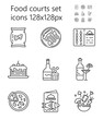 Food court icon set vector. Pizza, alcohol, drinks are shown. Grill, fish, seafood menu. Snacks, salad, torts are presented in outline