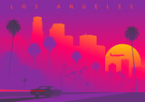 Fototapeta  - Cityscape of Los Angeles during the sunset with the huge sun. A car is driving towards downtown LA. Colorful vector illustration (original, not derived image)