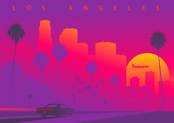 cityscape of los angeles during the sunset with the huge sun. a car is driving towards downtown la. 