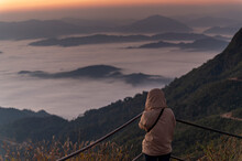 Tourist Take Photo The Landscape Of The Mountain And Sea Of Mist In Winter Sunset / Sunrise View From Top Of Doi Pha Tang Mountain , Chiang Rai, Thailand