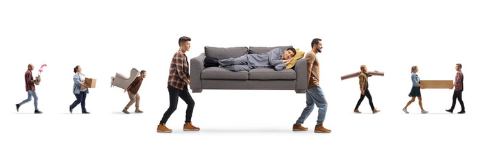 Wall Mural - Young men carrying a man in pajamas on a sofa and other people carrying furniture