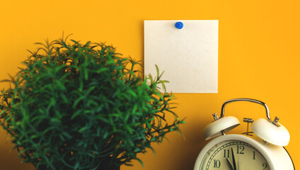 Minimal workspace concept, homeplant, simple background and alarm clock on the tabble, creative mockup with pinned paper note