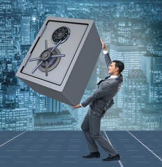 Poster - Businessman carrying metal safe in security concept