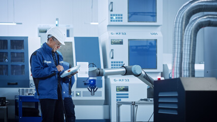 Aufkleber - Chief Engineer Wearing Safety Vest and Hard Hat, Use Digital Tablet in Modern Factory, Optimizing Production Line. Industrial Facility: Professionals Working on Machinery