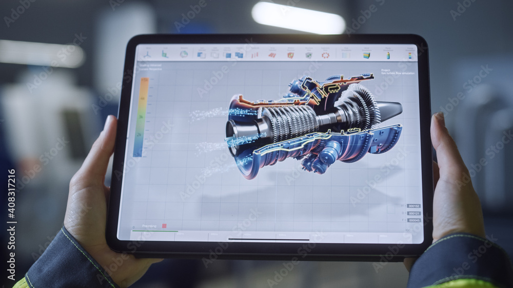 Industry 4.0 Factory: Chief Engineer and Project Supervisor Holds Digital Tablet Computer. Screen Shows 3D Concept of New Jet Engine. Workshop with Technologically Advanced Machinery. - obrazy, fototapety, plakaty 