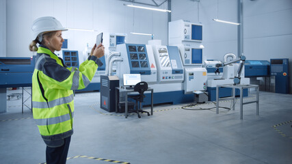 Poster - Industry 4.0 Modern Factory: Female Engineer Uses Digital Tablet Computer with Augmented Reality to Visualize Workshop Mapping, Floor Layout. Facility with High-Tech CNC Machinery and robot arm