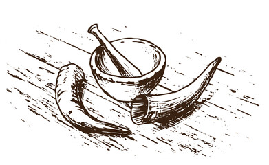 mortar and cows horns - for biodynamic preparations, black and white hand drawn illustration on a white background