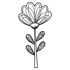 An outline black and white abstract blossoming isolated simple flower with an opening bud. For nursery decor, logo, coloring page, printing on children`s production. Vector.