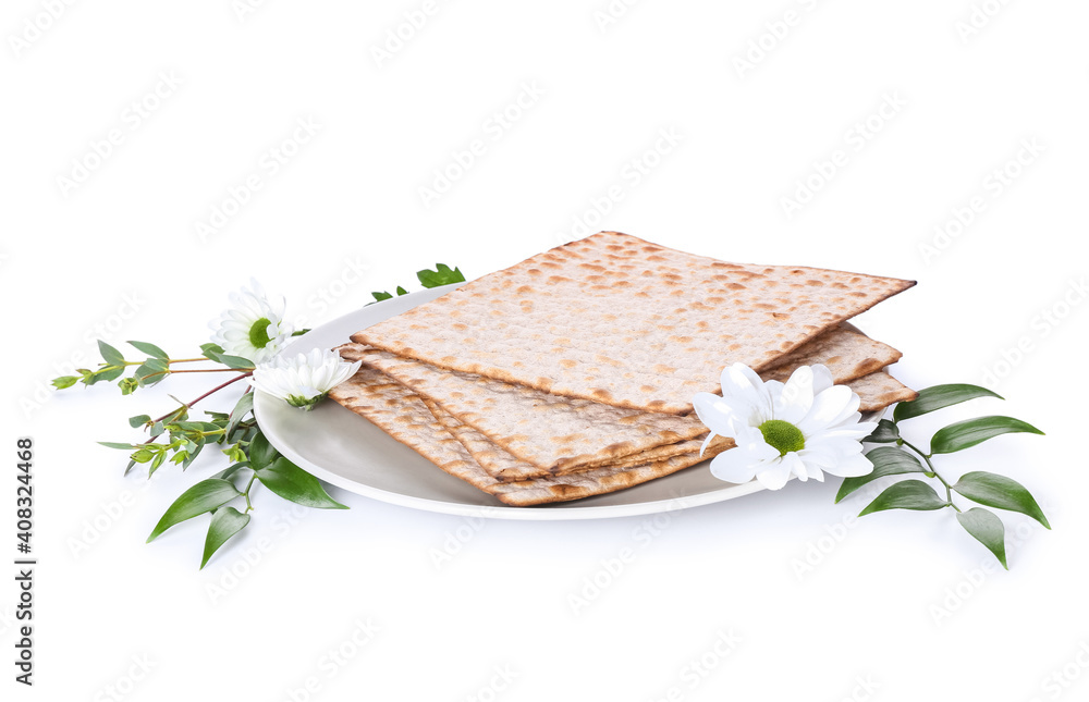 Jewish flatbread matza for Passover and flowers on white background